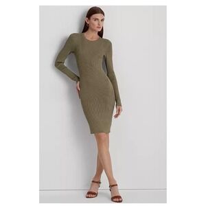 LAUREN RALPH LAUREN Black Label Rib-Knit Long-Sleeve Dress XL Olive Green NEW